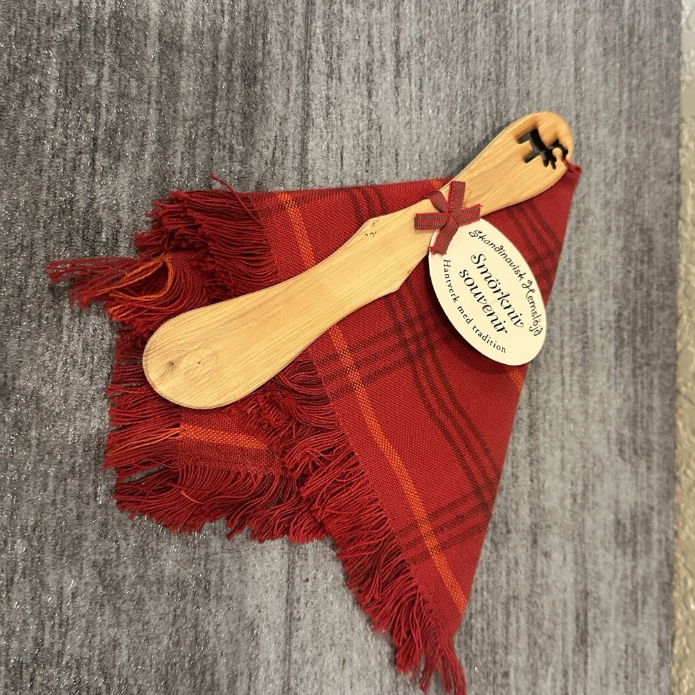Swedish Wood Butter Knife and Red Towel Set New